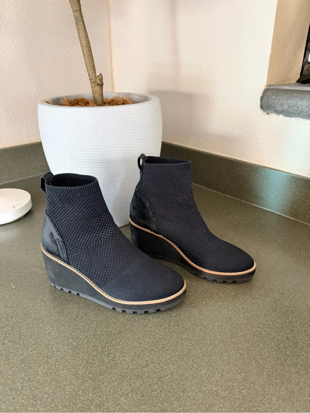 Eileen Fisher Stretch Knit Wedge Ankle Boot Black Fabric